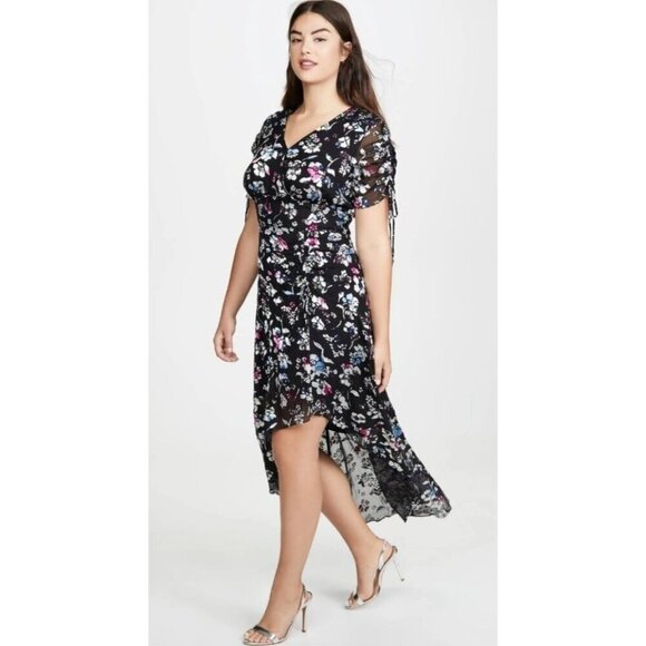 Fairy Grunge Dress Size 8 Dark Floral Asymmetrical Hem Midi Feminine Flowy Silk - Picture 4 of 13